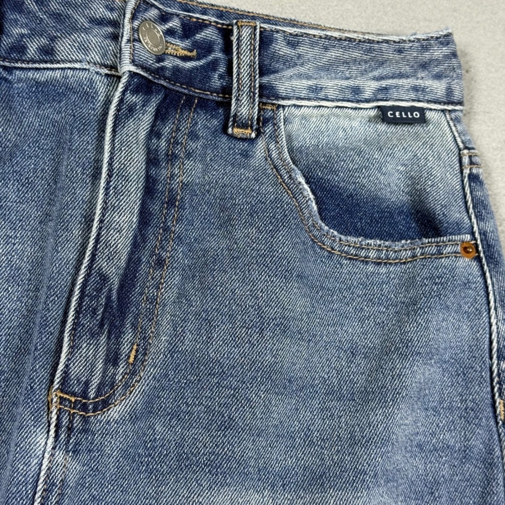 Cello Denim Maxi Skirt Medium Wash Distressed Front Slit Raw Hem Womens Small